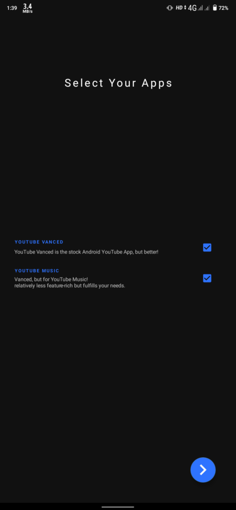 Select YouTube Vanced from vanced manager