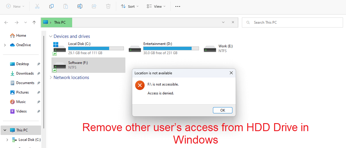 Remove other user's access from HDD Drive in Windows