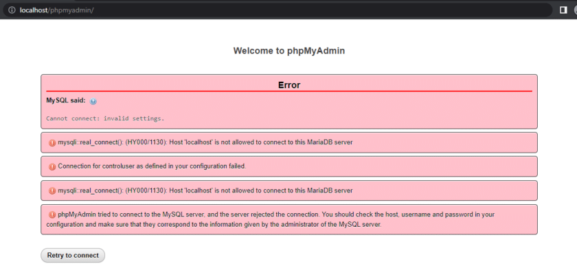 How to Fix MariaDB Error HY000/1130: Host ‘localhost’ Not Allowed to Connect in XAMPP
