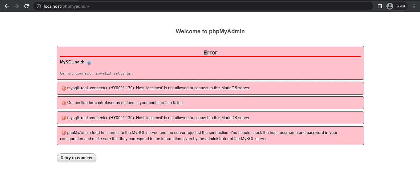 How to Fix MariaDB Error HY000/1130: Host ‘localhost’ Not Allowed to Connect in XAMPP